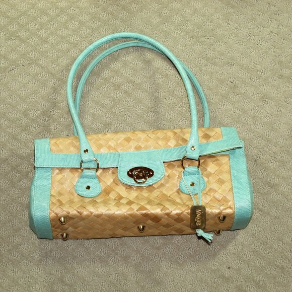 Maggi B Natural Straw & Aqua Blue Edging And Handles Handbag - Picture 1 of 15
